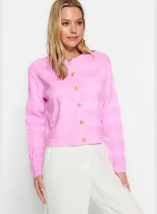 Pink Crew Neck Knitwear Cardigan TWOAW24HI00337