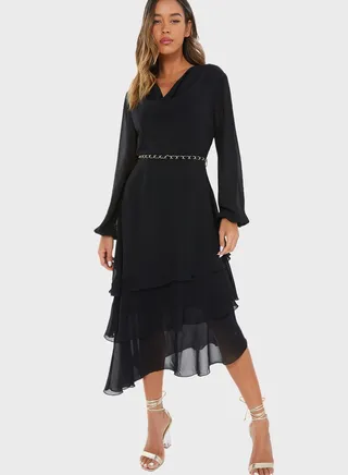 Cowl Neck Ballon Sleeve Dress