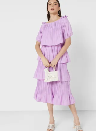 Bardot Layered Dress In Pleats