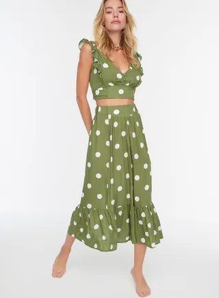 Polka Dot Plunge Crop Top & Skirt Set