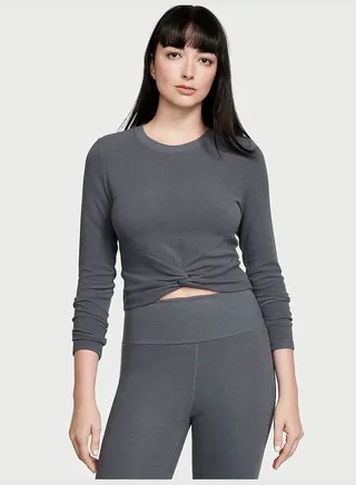 Double Waffle Knit Twist-Front Long-Sleeve Top