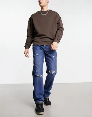 Only & Sons Edge loose fit jeans in mid wash with rips