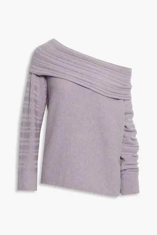 Off-the-shoulder mélange wool and cashmere-blend sweater