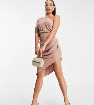 ASOS DESIGN Tall one shoulder linen midi dress with pleat detail skirt