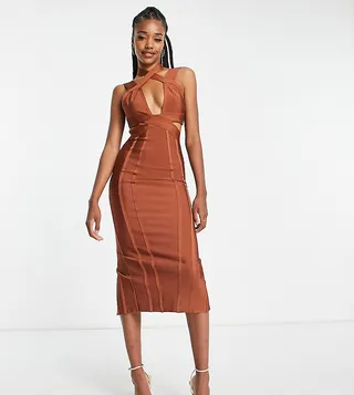 ASOS DESIGN Tall body-conscious bandage midi dress with cut-out in rust