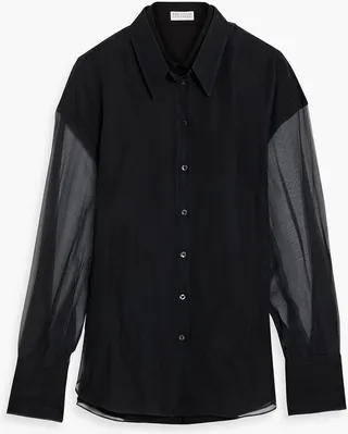 Bead-embellished layered silk-chiffon and crepe shirt