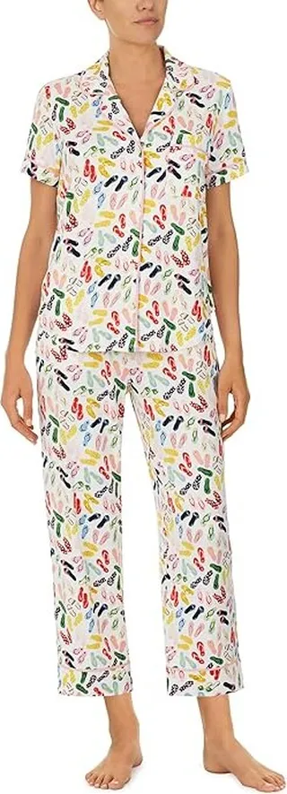 Kate Spade New York Brushed Jersey Short Sleeve Cropped PJ Set (Beach Sandals) Women's Pajama Sets
