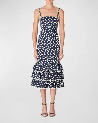 Polka Dot Midi Dress with Tiered Ruffle Hem