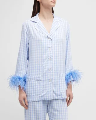 Party Gingham-Print Feather-Trim Pajama Set