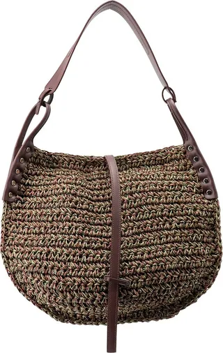 Rafia and leather shoulder bag with metal details