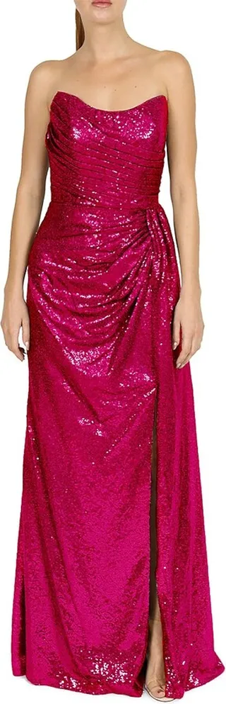Strapless Sequin Slit Gown