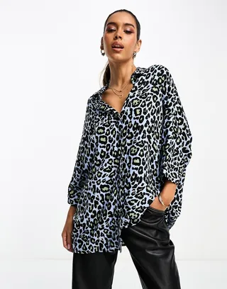 ASOS DESIGN oversized long sleeve shirt in blue leopard print