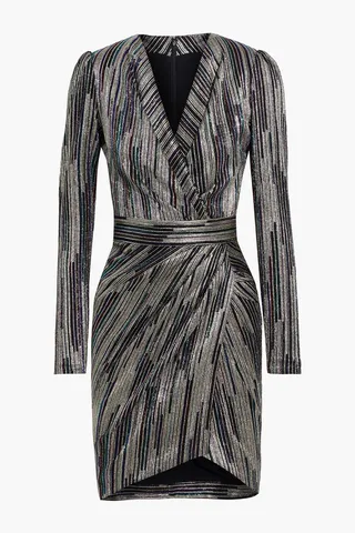 Wrap-effect metallic jacquard mini dress