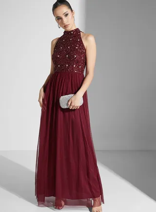 Embellished Bodice Mesh Dress