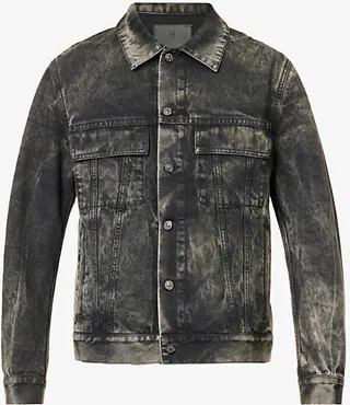 ens 001-BLACK Faded Wash Spread-collar Denim Jacket
