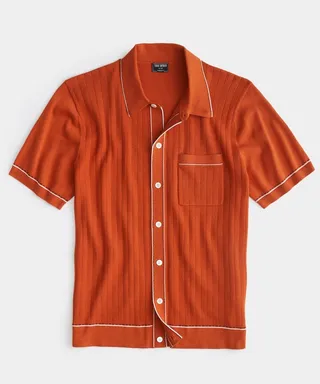 Cotton Silk Short Sleeve Full Placket Riviera Polo in Copper Clay