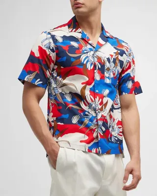 Men's Floral Camouflage-Print Camp Shirt