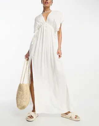 ASOS DESIGN flutter sleeve maxi beach dress with channeled tie waist in white