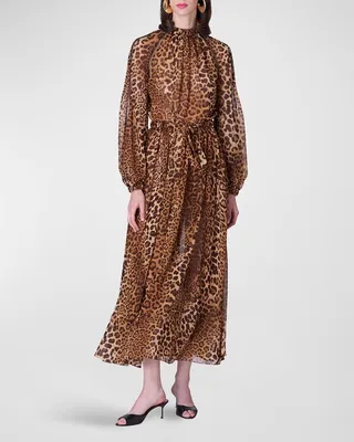 Leopard-Print Gathered Neck-Tie Midi Dress