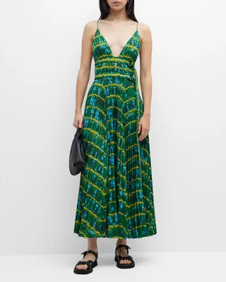 Winda Double-Belted Pleated Tie-Dyed Maxi Dress
