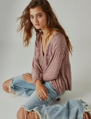 Lucky Brand Women's Long Sleeve Smocked Top - Multi Small