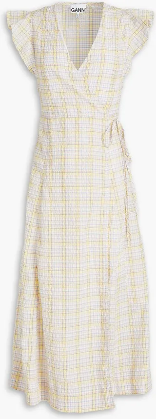 Checked cotton-blend seersucker midi wrap dress
