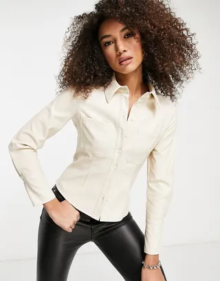 ASOS DESIGN slim fit PU shirt in cream