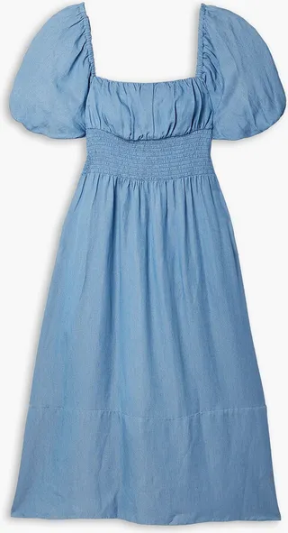 Gathered shirred twill midi dress