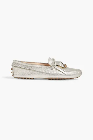 Gommini embellished fringed metallic textured-leather loafers