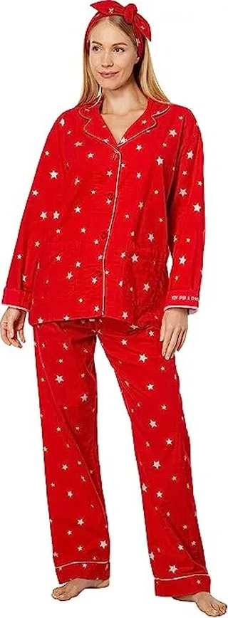 P.J. Salvage Flannel PJ Set with Headband (Red Foil Stars) Women's Pajama Sets