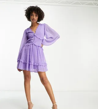 ASOS DESIGN Tall button through pintuck mini textured dress in purple