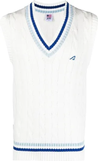 Striped-Trim Cable-Knit Vest