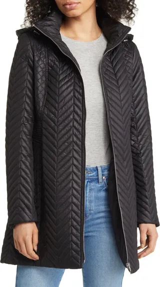 Herringbone Quilted Water Resistant Hooded Jacket