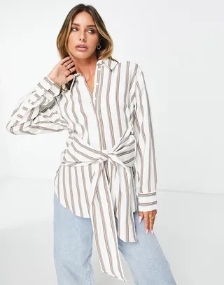Topshop premium oversized knot front stripe shirt in chocolate