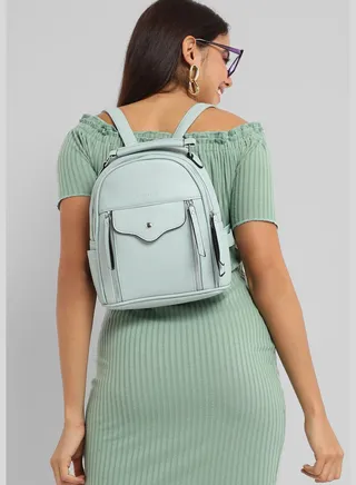 Solid Zip Lock Regular Vegan Leather Backpack For Women