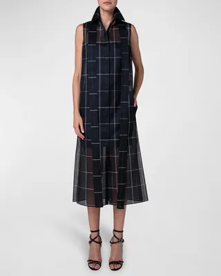 Windowpane-Print Neck-Tie Silk Crepe Midi Shirtdress