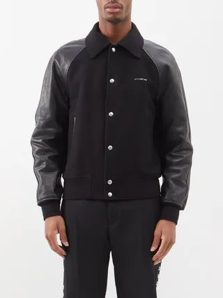 Leather-sleeved Wool-blend Bomber Jacket
