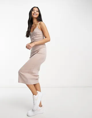 Miss Selfridge acid wash midi dress in mocha