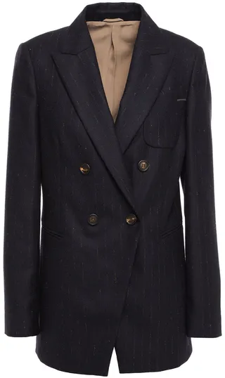 Double-breasted embellished pinstriped wool-blend twill blazer
