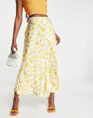 ASOS DESIGN satin full midi skirt in orange daisy print