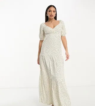 ASOS DESIGN Tall short sleeve wrap tiered midi dress in white base spot