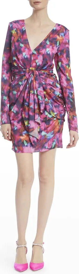 Cutout Draped Floral-Print Mini Dress