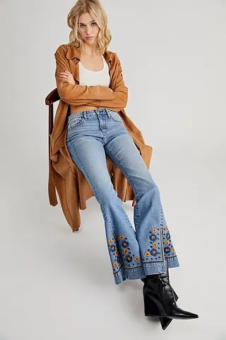 Driftwood Farrah Embroidered Slit Flare Jeans by Driftwood at Free People