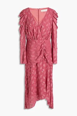 Asymmetric ruched fil coupé jacquard midi dress