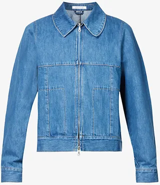 Mens Washed Out Blue Bowl Boxy-fit Recycled Denim and Polyester-blend Jacket