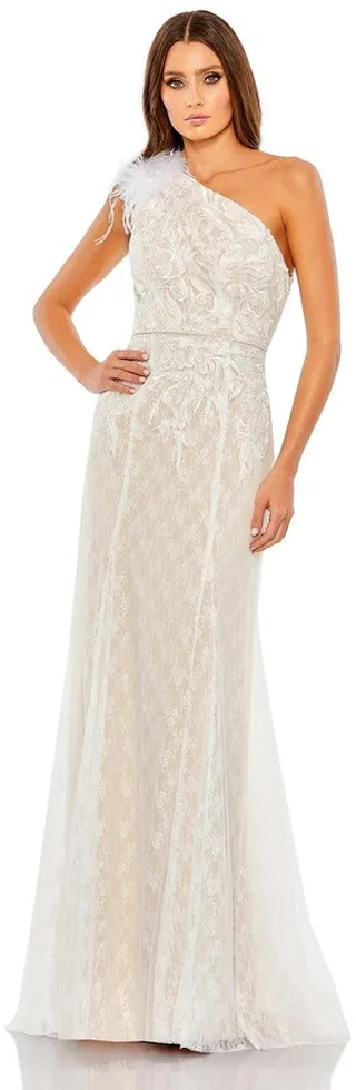 Embellished Feather One Shoulder Trumpet Gown