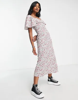 ASOS DESIGN crinkle flutter sleeve midi dress with tie detail in cream and pink floral