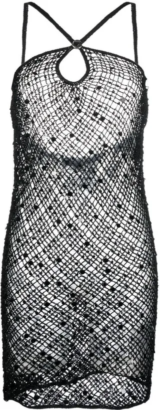 Sequin-Embellished Crochet Mini Dress