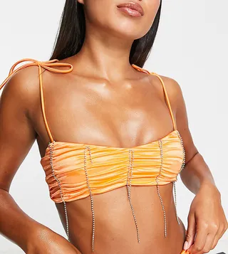ASYOU diamante trim tie shouder bikini top in orange