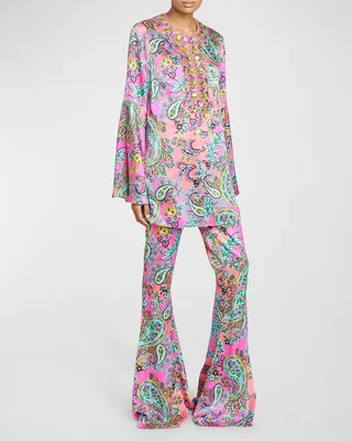 Paisley-Print Crystal-Embellished Flare-Sleeve Silk Tunic Top